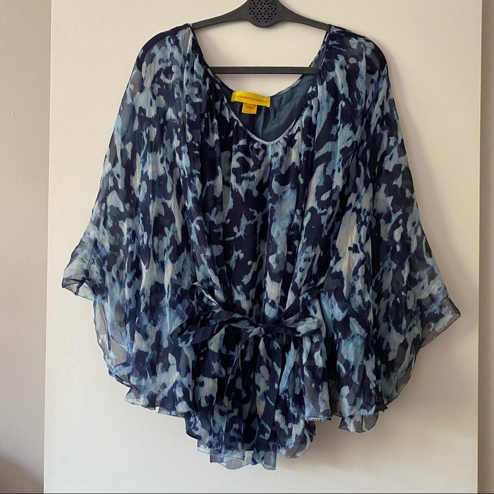 Catherine Malandrino 100% silk blue watercolor print tie dolman tunic blouse - Picture 2 of 9